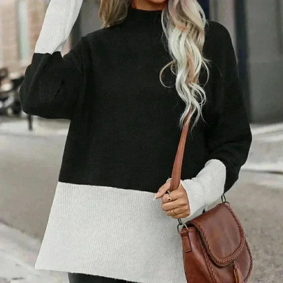 . Sweaters - Multicolor Preppy Womens Two Tone Drop Shoulder Split Hem Drop Shoulder Sweater
